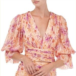 AMUR- Pink and Orange Floral Print Quarter-sleeve  Gitana Cropped Silk Top